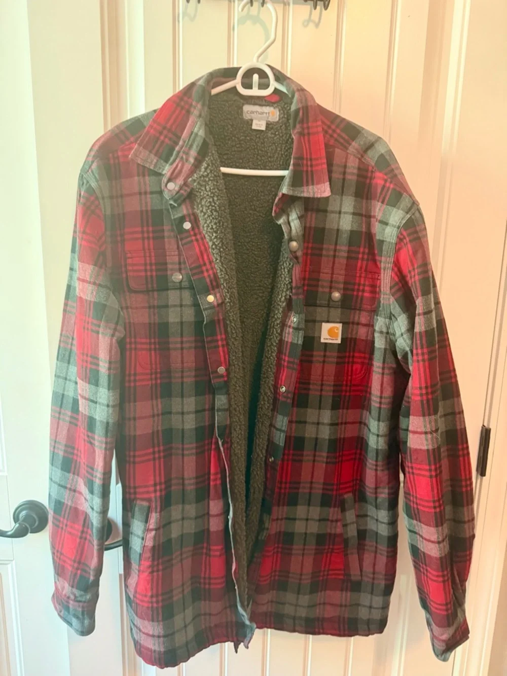 Carhartt Red & Gray Plaid Sherpa-Lined Shirt Jacket - Picture 1 of 3